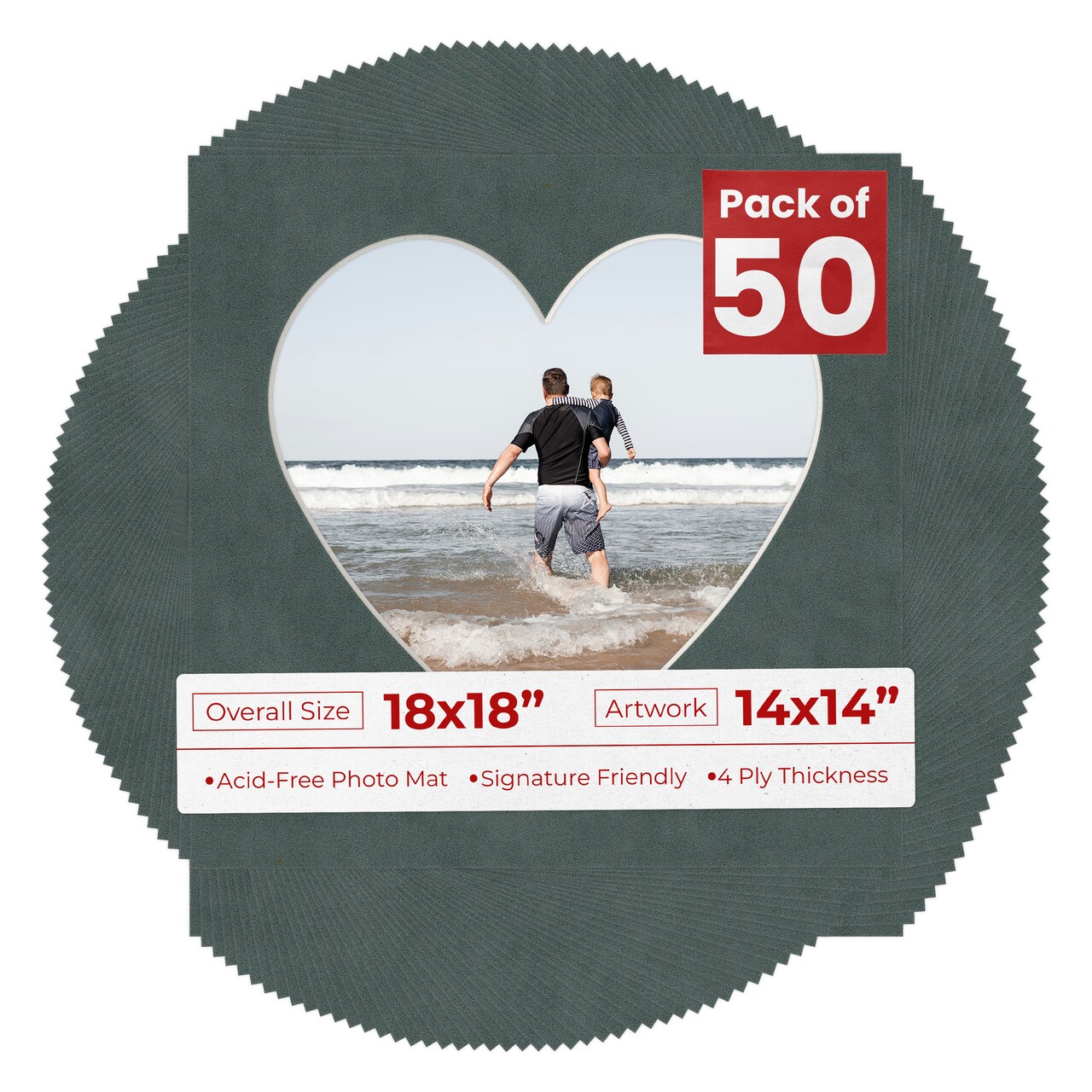 Dark Grey Suede Mat Board for 18x18 Frames - Heart Opening for 14x14 Photos